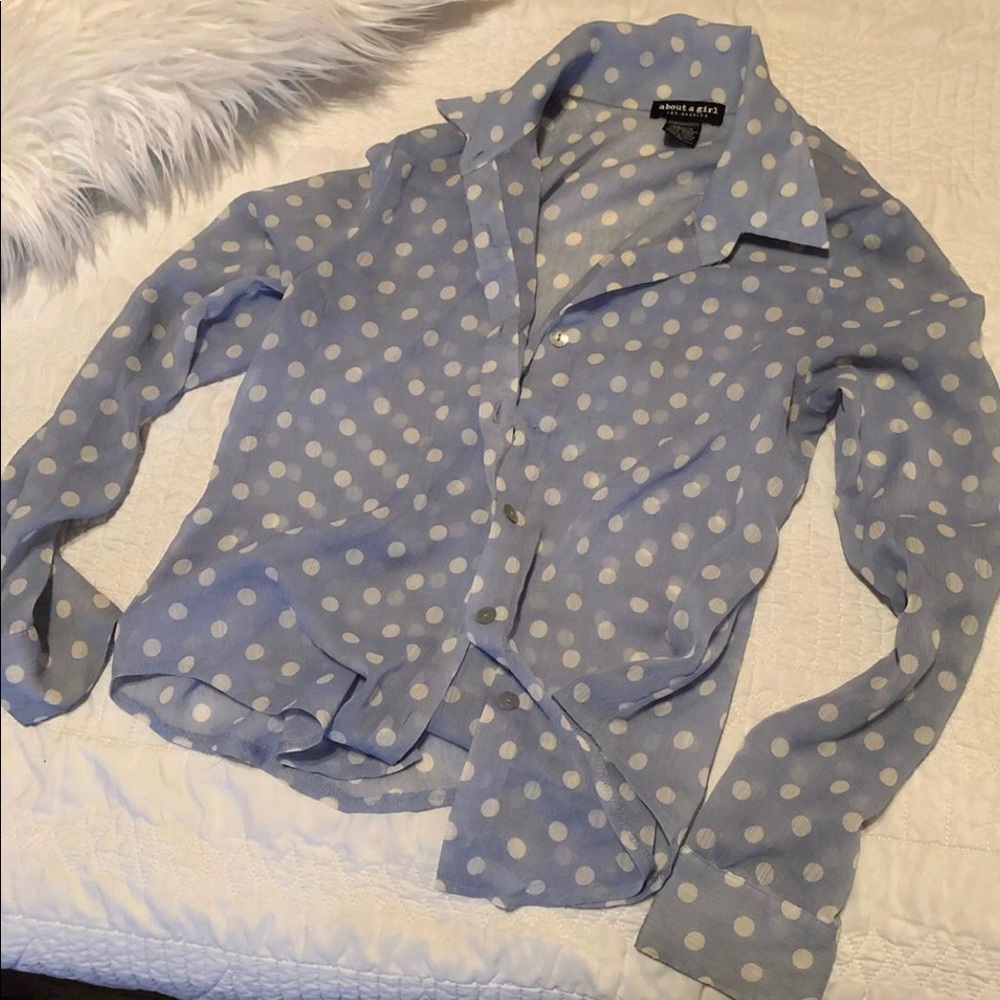 Polka Dot Botton Down Blouse - Baby Blue & White
